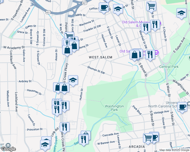 map of restaurants, bars, coffee shops, grocery stores, and more near 919 Holland Street Southwest in Winston-Salem