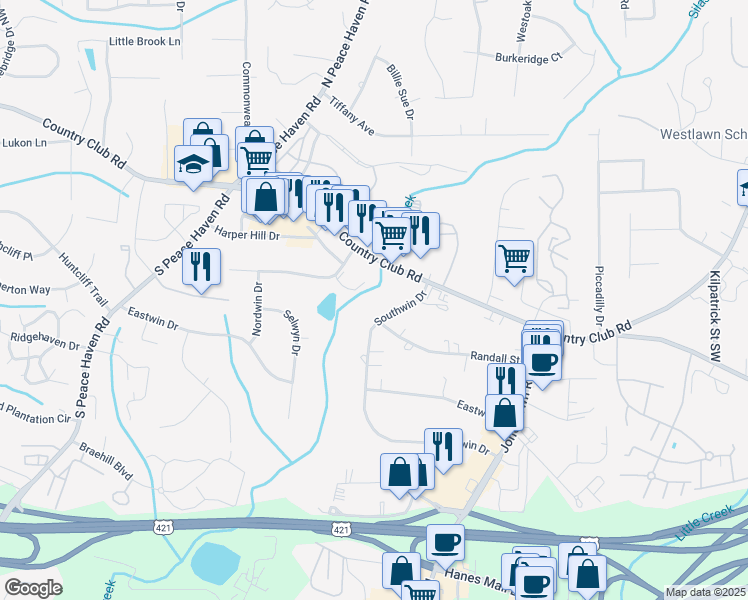 map of restaurants, bars, coffee shops, grocery stores, and more near 4826 Country Club Road in Winston-Salem
