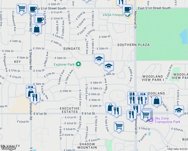 map of restaurants, bars, coffee shops, grocery stores, and more near 7335 East 58th Street in Tulsa