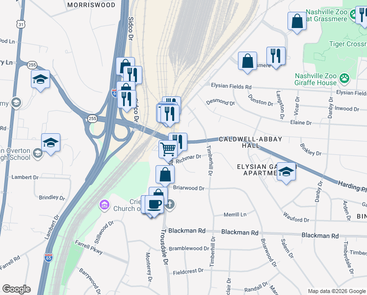 map of restaurants, bars, coffee shops, grocery stores, and more near 716 Harding Place in Nashville