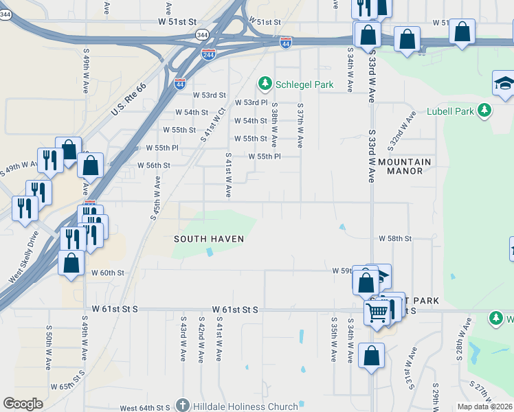map of restaurants, bars, coffee shops, grocery stores, and more near 3931 West 57th Street in Tulsa