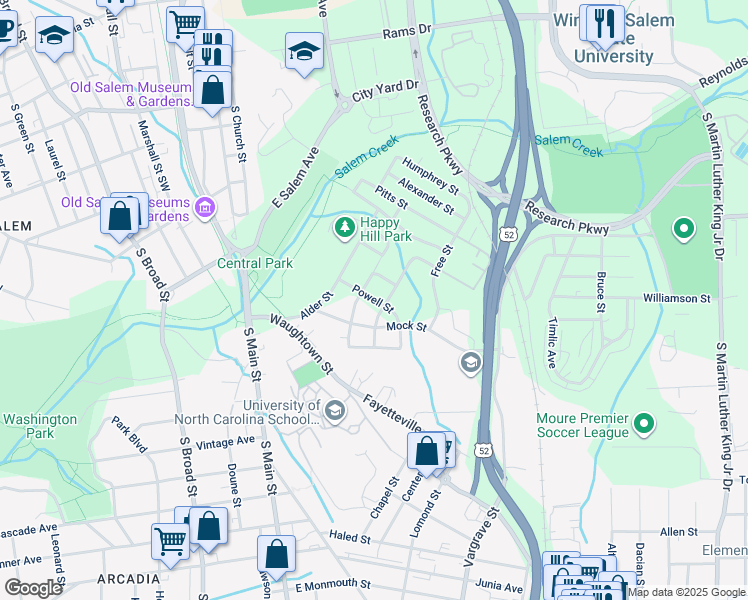 map of restaurants, bars, coffee shops, grocery stores, and more near Powell Street in Winston-Salem
