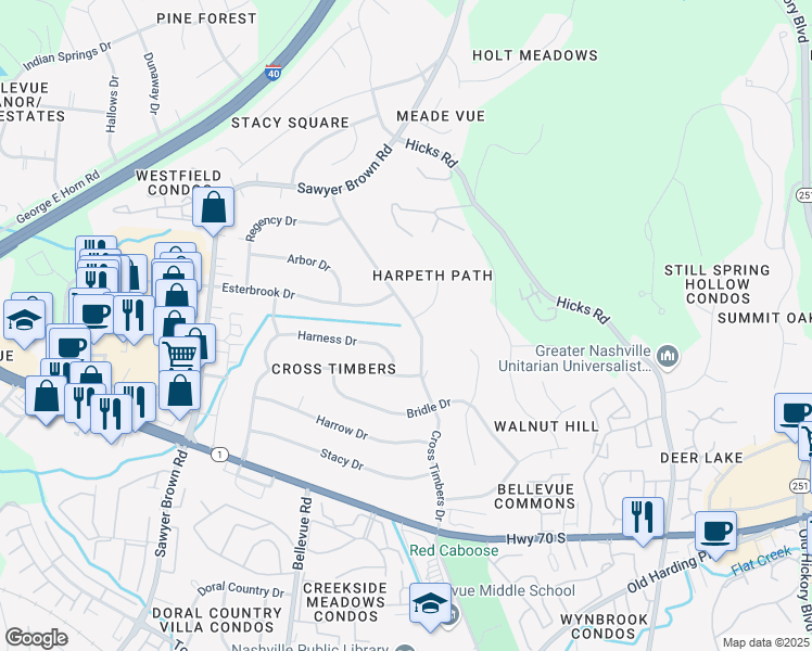 map of restaurants, bars, coffee shops, grocery stores, and more near 239 Cross Timbers Drive in Nashville