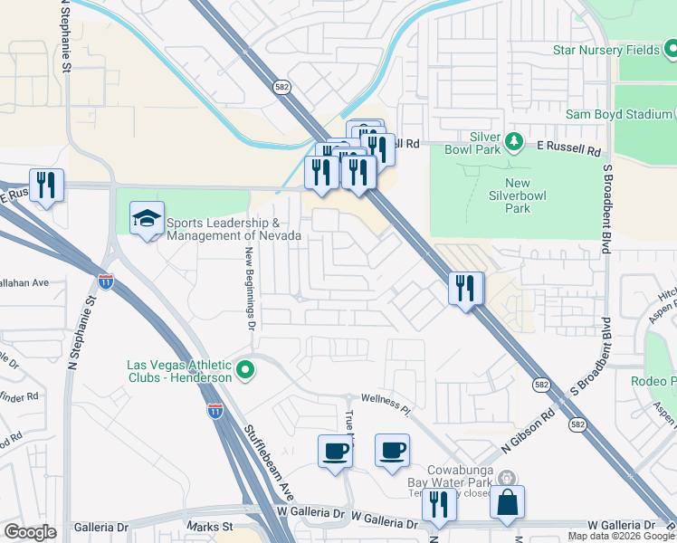 map of restaurants, bars, coffee shops, grocery stores, and more near 5956 High Steed Street in Henderson