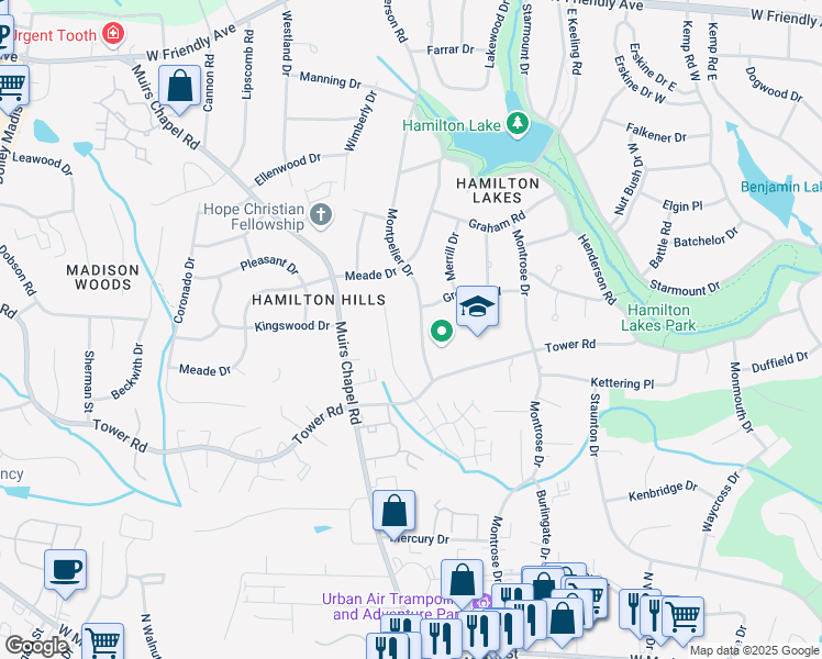 map of restaurants, bars, coffee shops, grocery stores, and more near 817 Montpelier Drive in Greensboro