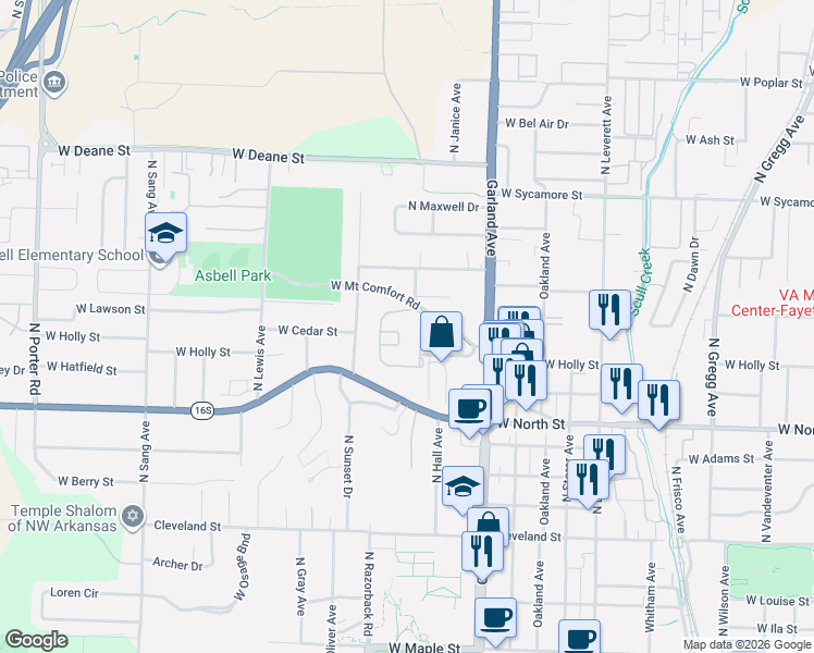 map of restaurants, bars, coffee shops, grocery stores, and more near 1291 West Mount Comfort Road in Fayetteville