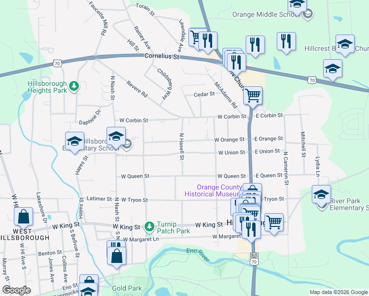 map of restaurants, bars, coffee shops, grocery stores, and more near 408 North Hassel Street in Hillsborough