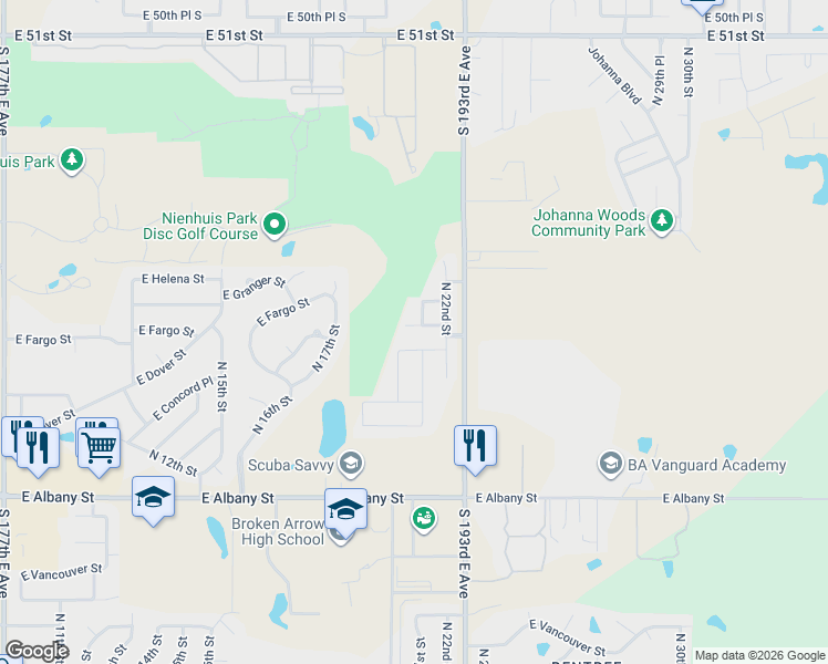 map of restaurants, bars, coffee shops, grocery stores, and more near 2300 East Fargo Street in Broken Arrow