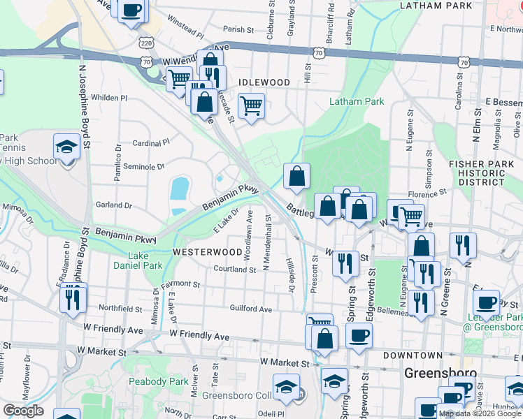 map of restaurants, bars, coffee shops, grocery stores, and more near 520 Woodlawn Avenue in Greensboro