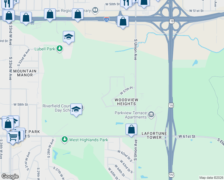 map of restaurants, bars, coffee shops, grocery stores, and more near 5651 South Xenophon Avenue in Tulsa