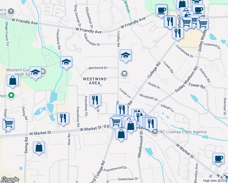 map of restaurants, bars, coffee shops, grocery stores, and more near 301 Lindley Road in Greensboro