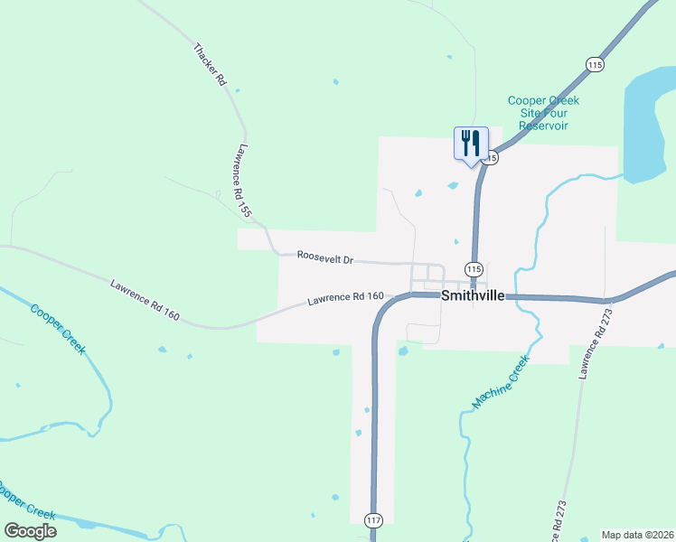 map of restaurants, bars, coffee shops, grocery stores, and more near 299 Roosevelt Drive in Smithville