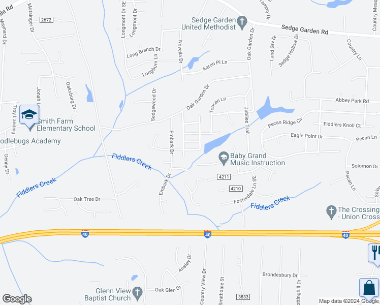 map of restaurants, bars, coffee shops, grocery stores, and more near 5122 Fiddlers Run Drive in Kernersville