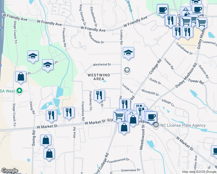 map of restaurants, bars, coffee shops, grocery stores, and more near 6110 Lindley Woods Drive in Greensboro