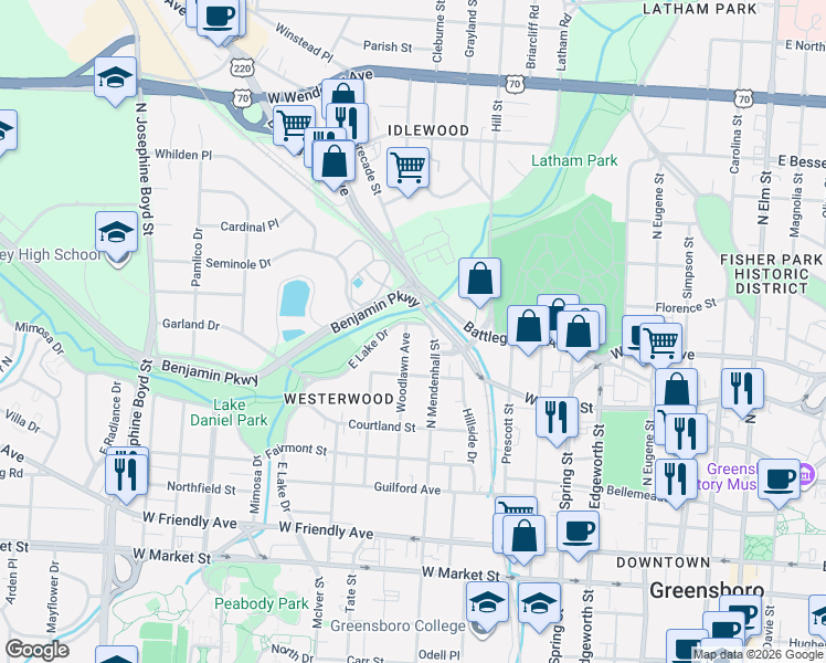 map of restaurants, bars, coffee shops, grocery stores, and more near 520 Woodlawn Avenue in Greensboro
