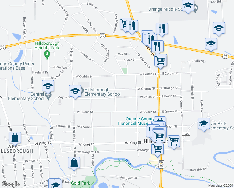 map of restaurants, bars, coffee shops, grocery stores, and more near 230 West Union Street in Hillsborough
