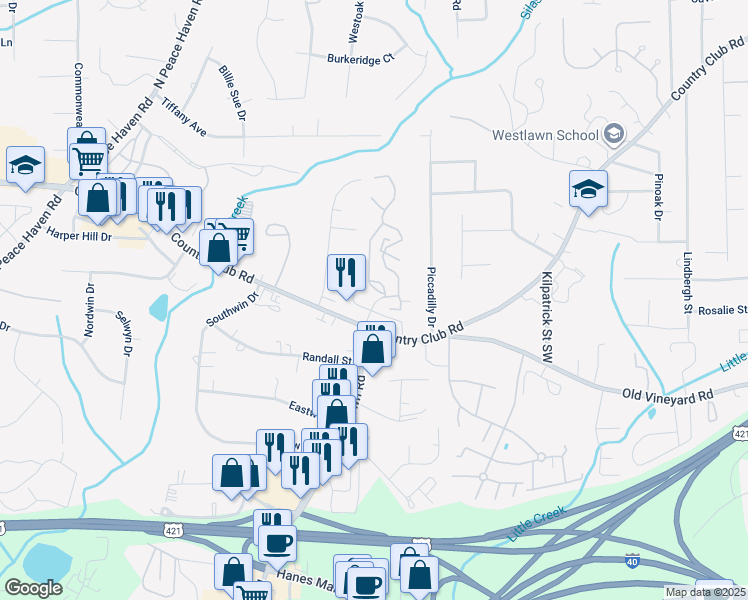 map of restaurants, bars, coffee shops, grocery stores, and more near 200 Crowne Club Drive in Winston-Salem