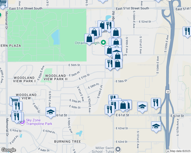 map of restaurants, bars, coffee shops, grocery stores, and more near 9348 East 57th Street in Tulsa