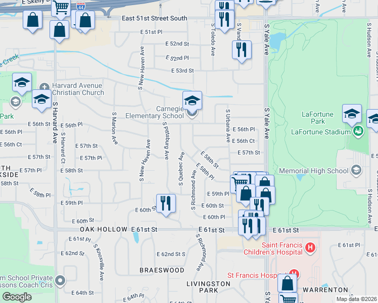 map of restaurants, bars, coffee shops, grocery stores, and more near 5644 South Quebec Avenue in Tulsa