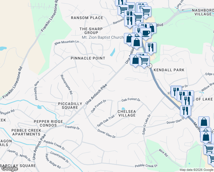 map of restaurants, bars, coffee shops, grocery stores, and more near 4901 Oak Barrel Drive in Nashville