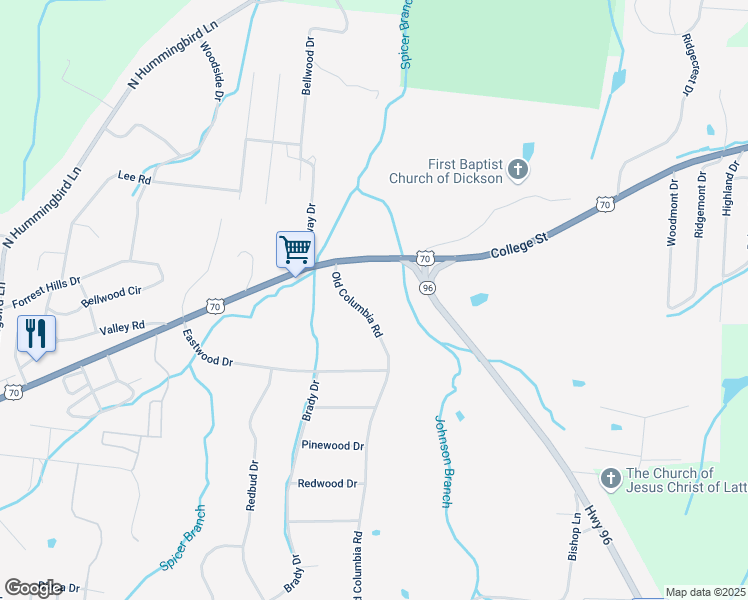 map of restaurants, bars, coffee shops, grocery stores, and more near 101 Old Columbia Road in Dickson
