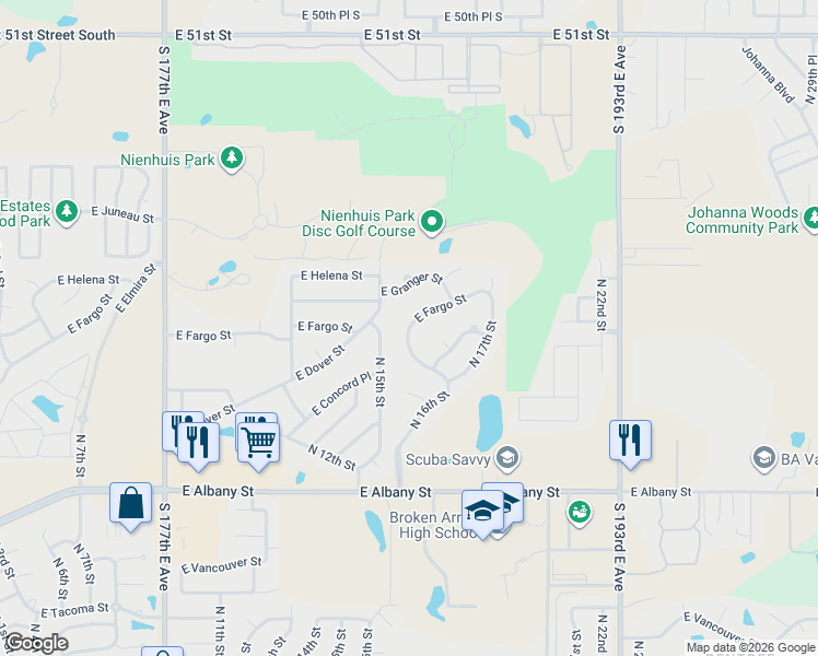 map of restaurants, bars, coffee shops, grocery stores, and more near 1608 East Fargo Street in Broken Arrow