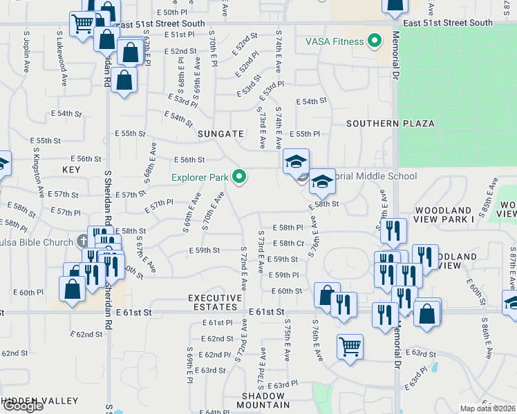 map of restaurants, bars, coffee shops, grocery stores, and more near 7227 East 58th Street in Tulsa