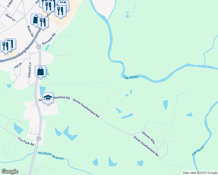 map of restaurants, bars, coffee shops, grocery stores, and more near 132 Rex Place in Louisburg