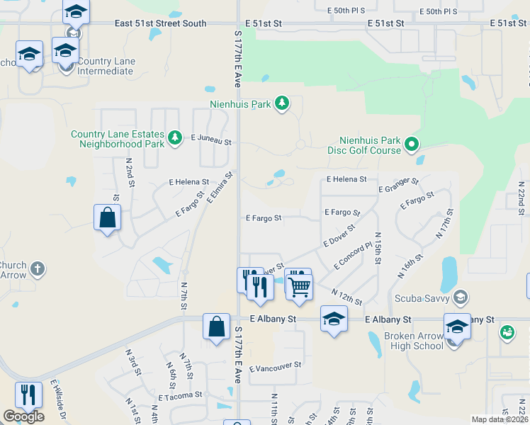 map of restaurants, bars, coffee shops, grocery stores, and more near 1100 East Fargo Street in Broken Arrow