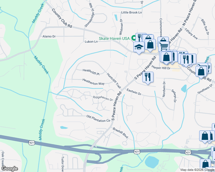 map of restaurants, bars, coffee shops, grocery stores, and more near 205 Heatherton Way in Winston-Salem