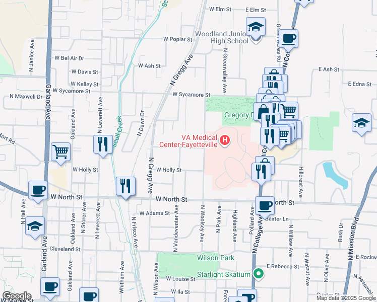 map of restaurants, bars, coffee shops, grocery stores, and more near 234 West Lawson Street in Fayetteville