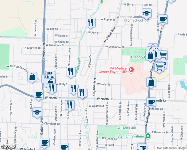 map of restaurants, bars, coffee shops, grocery stores, and more near 1361 North Hog Trough Drive in Fayetteville