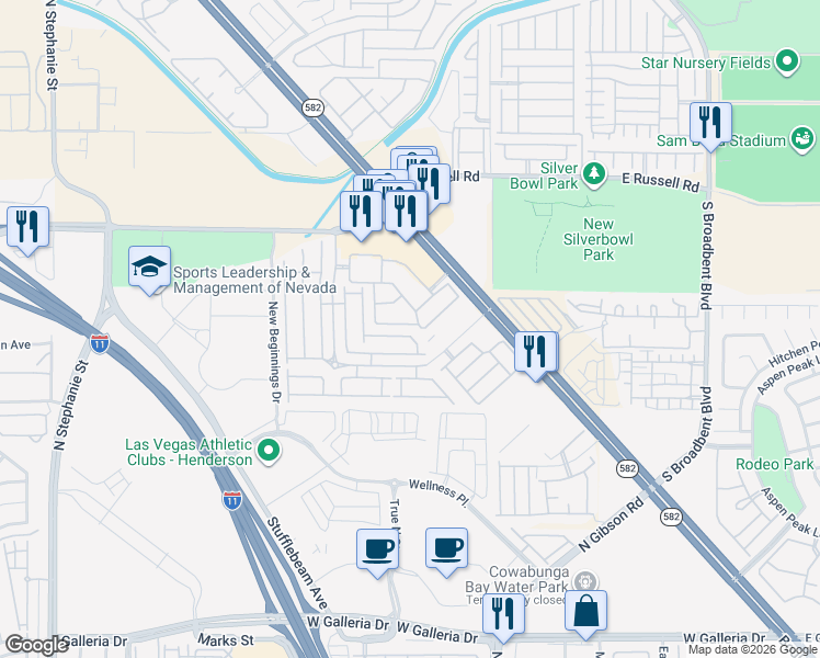 map of restaurants, bars, coffee shops, grocery stores, and more near 5880 Boulder Falls Street in Henderson