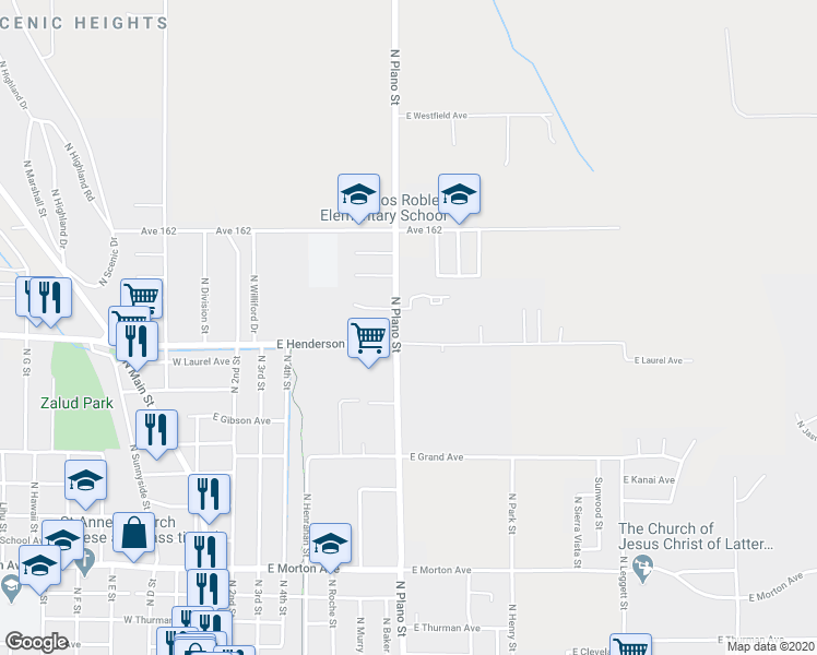 map of restaurants, bars, coffee shops, grocery stores, and more near 828 North Plano Street in Porterville