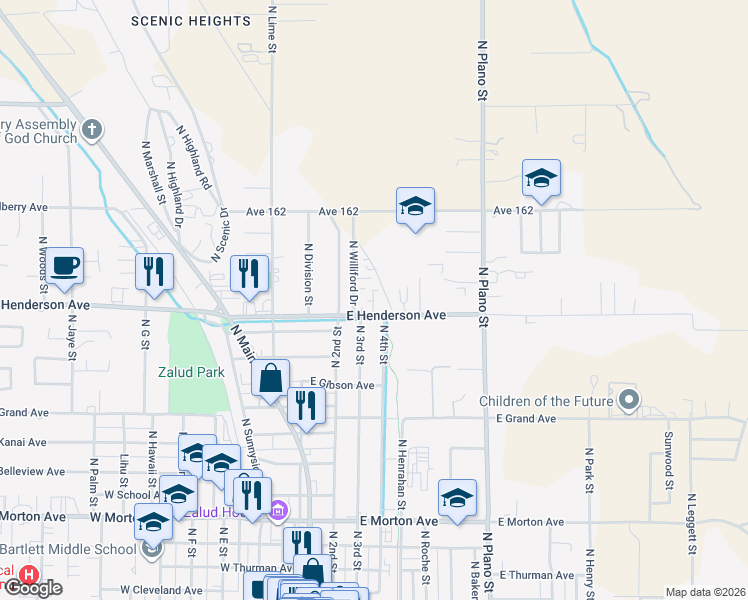 map of restaurants, bars, coffee shops, grocery stores, and more near 120 East Henderson Avenue in Porterville