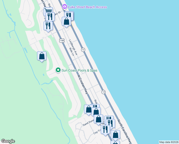 map of restaurants, bars, coffee shops, grocery stores, and more near 200 Hawks Street in Kitty Hawk