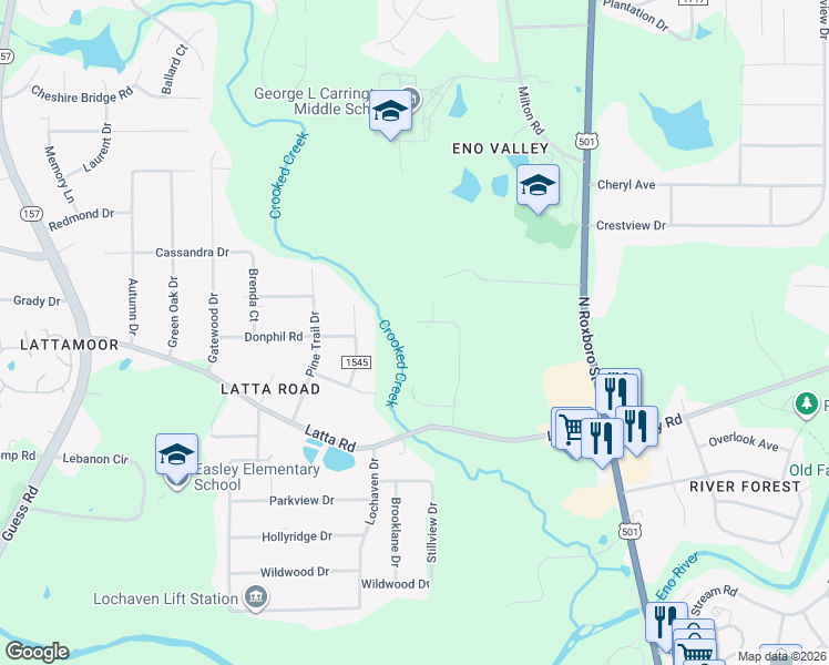 map of restaurants, bars, coffee shops, grocery stores, and more near 5063 McKittrick Lane in Durham