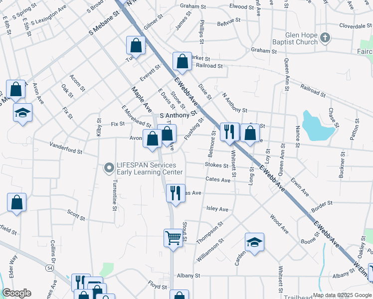 map of restaurants, bars, coffee shops, grocery stores, and more near 318 Flushing Street in Burlington