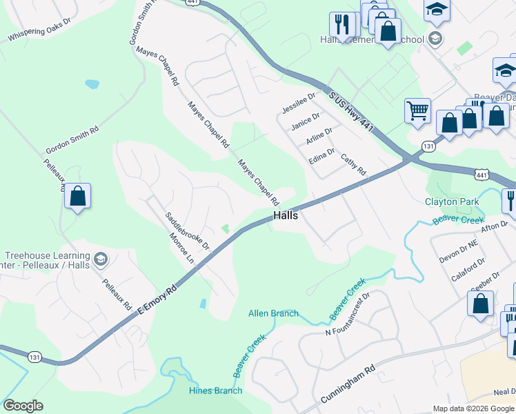 map of restaurants, bars, coffee shops, grocery stores, and more near 7415 Mayes Chapel Road in Knoxville