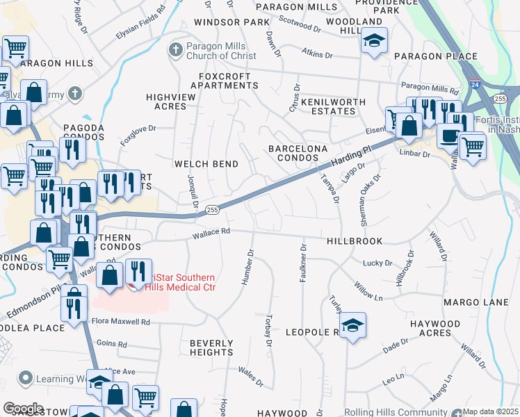 map of restaurants, bars, coffee shops, grocery stores, and more near 302 Wallace Road in Nashville