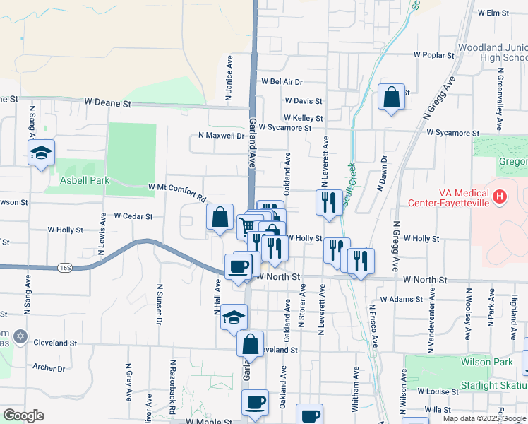map of restaurants, bars, coffee shops, grocery stores, and more near 1322 Garland Avenue in Fayetteville