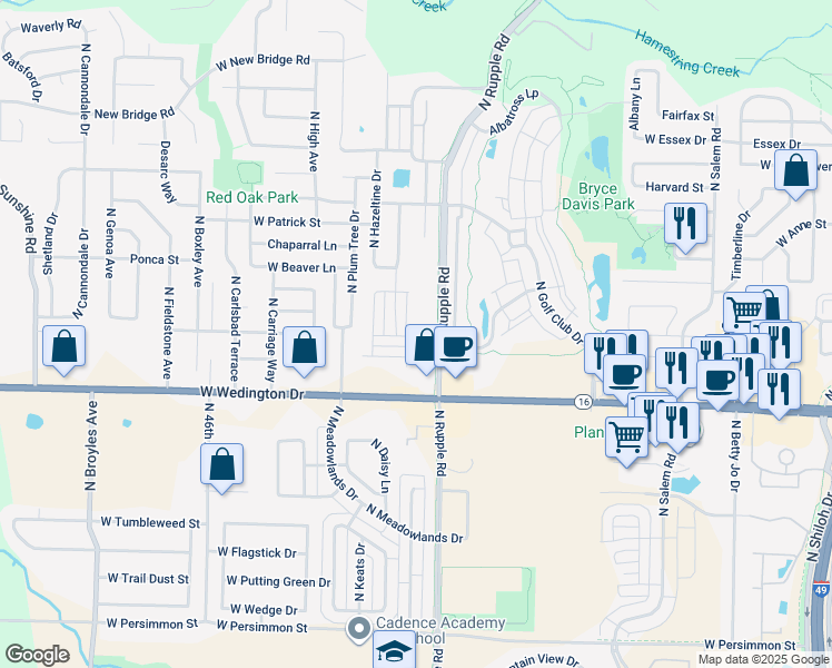 map of restaurants, bars, coffee shops, grocery stores, and more near 1277 North Rupple Road in Fayetteville