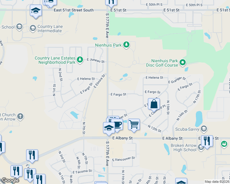 map of restaurants, bars, coffee shops, grocery stores, and more near 1100 East Fargo Street in Broken Arrow
