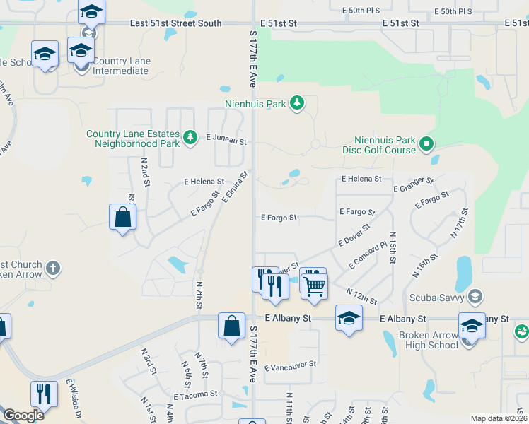 map of restaurants, bars, coffee shops, grocery stores, and more near 5755 South Lynn Lane Road in Broken Arrow