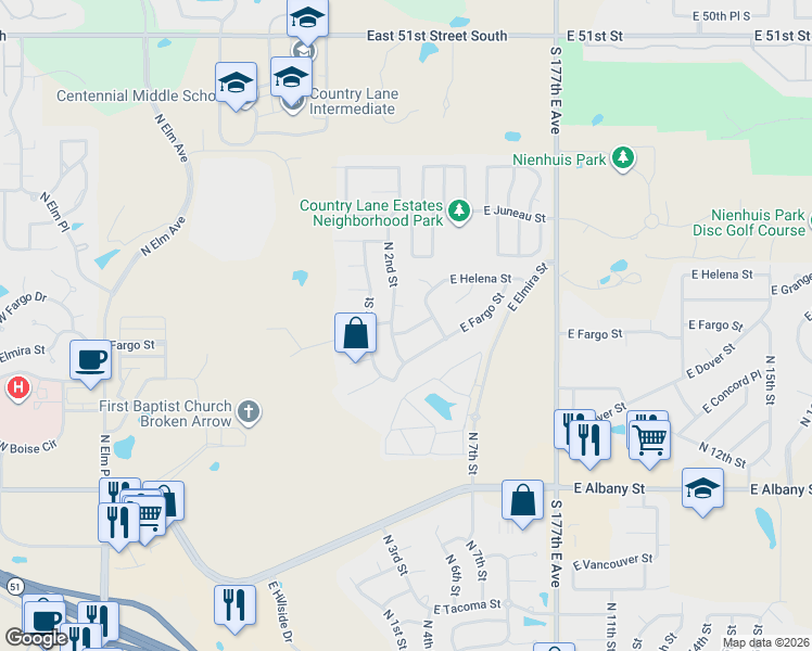 map of restaurants, bars, coffee shops, grocery stores, and more near 307 East Granger Place in Broken Arrow