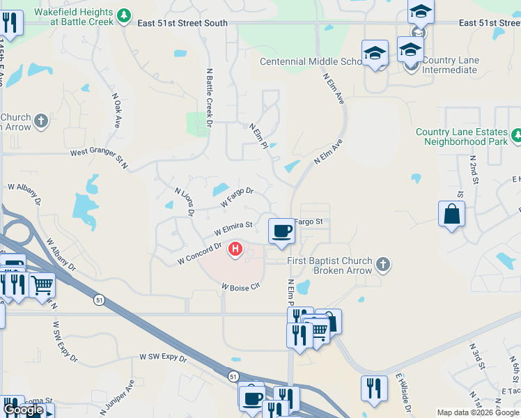 map of restaurants, bars, coffee shops, grocery stores, and more near 809 West Fargo Drive in Broken Arrow