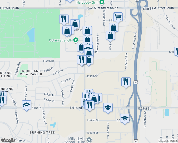 map of restaurants, bars, coffee shops, grocery stores, and more near 5646 South Mingo Road in Tulsa