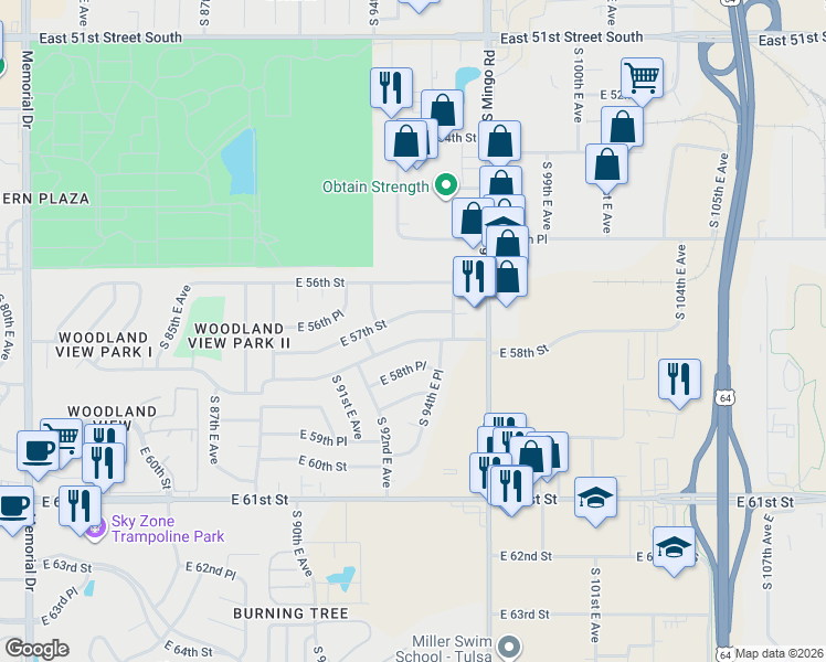 map of restaurants, bars, coffee shops, grocery stores, and more near 9348 East 57th Street in Tulsa