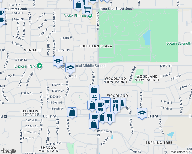 map of restaurants, bars, coffee shops, grocery stores, and more near 5744 South 80th East Avenue in Tulsa