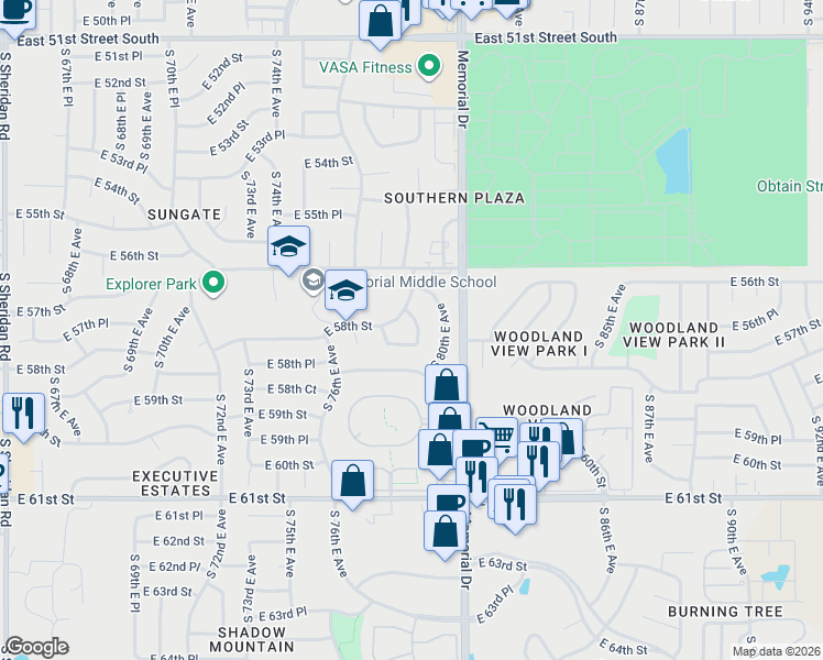 map of restaurants, bars, coffee shops, grocery stores, and more near 7816 East 58th Street in Tulsa
